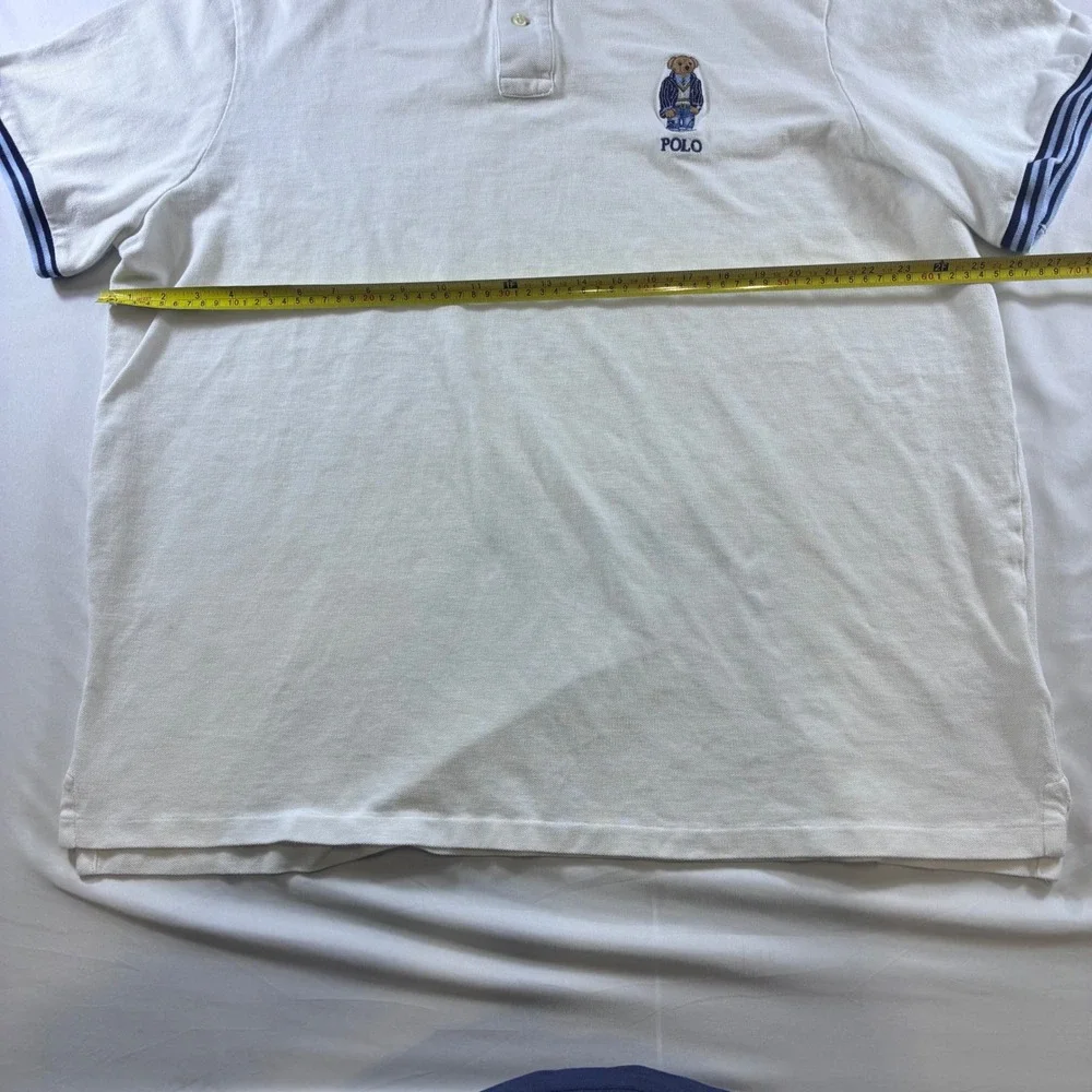 Polo Ralph Lauren Mens XXL White Polo Bear Classic Fit Mesh Shirt Stripe Collar
